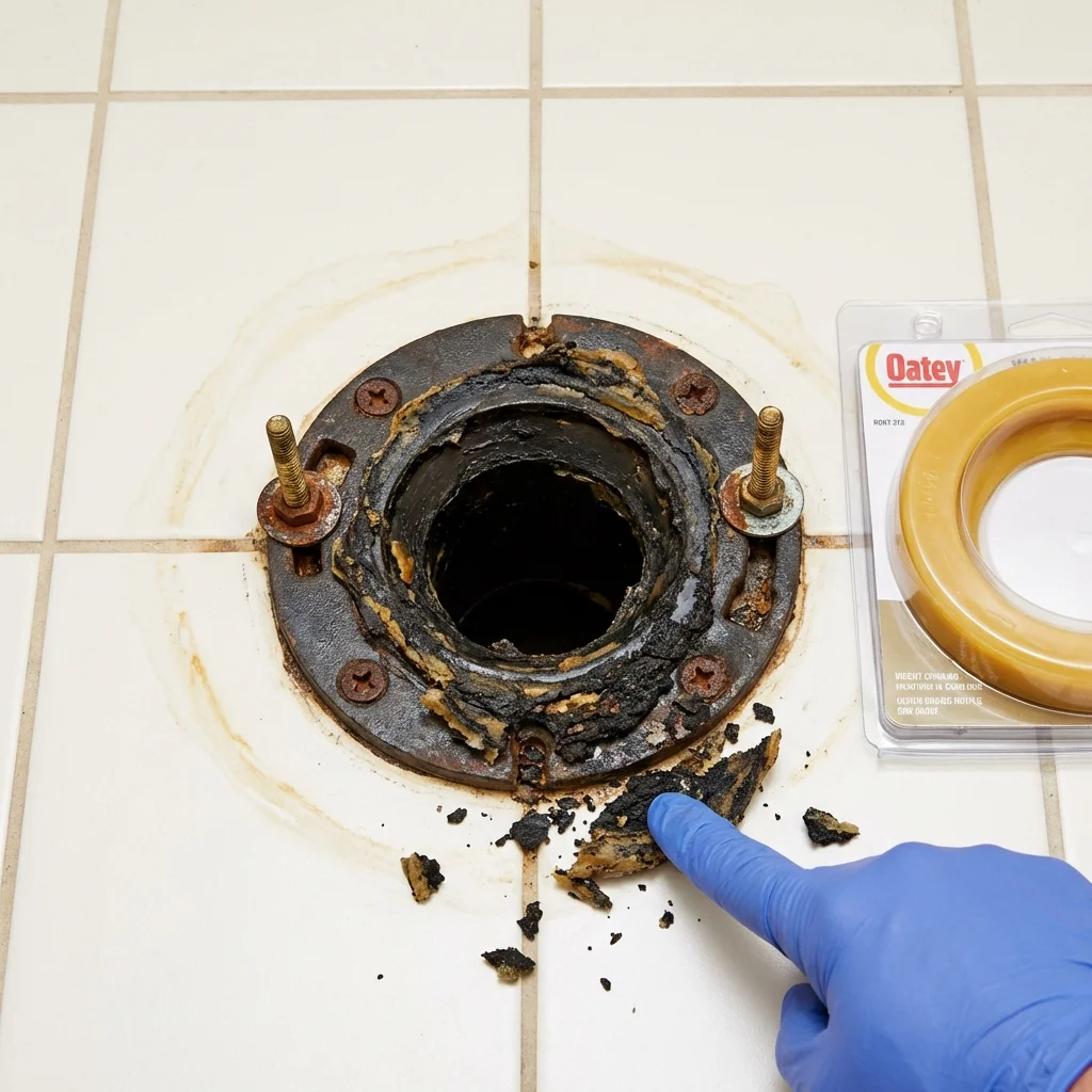 Failed wax ring showing water seepage at the base of a toilet in a Albany, MO home