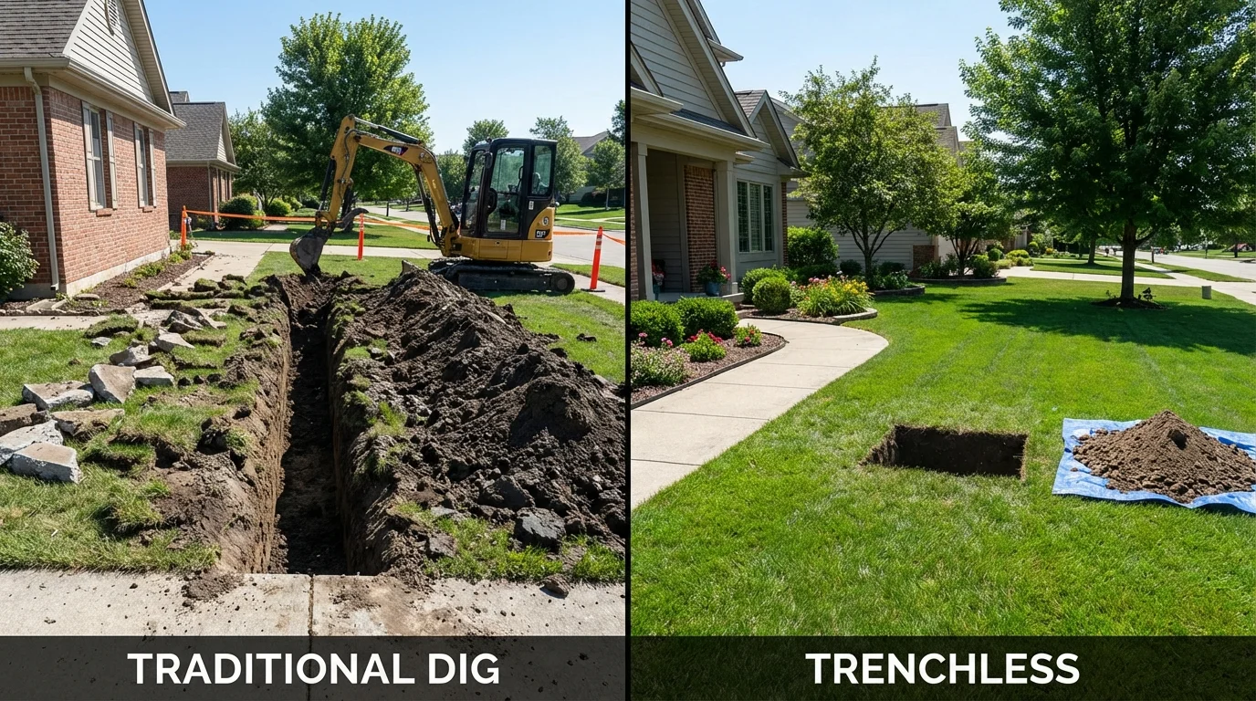 Trenchless sewer repair with minimal yard damage versus traditional excavation in Albany, MO